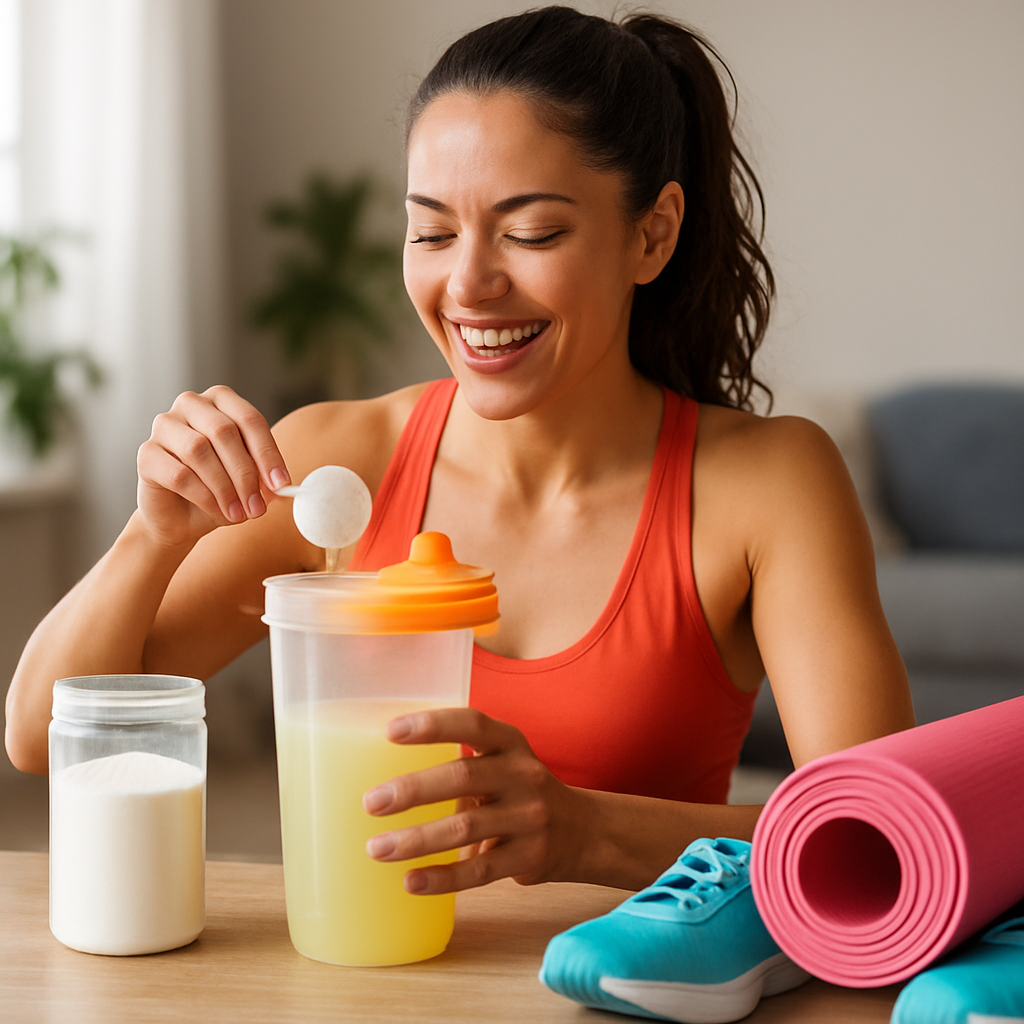 A vibrant woman mixing a protein shake with visible collagen powder next to her workout gear