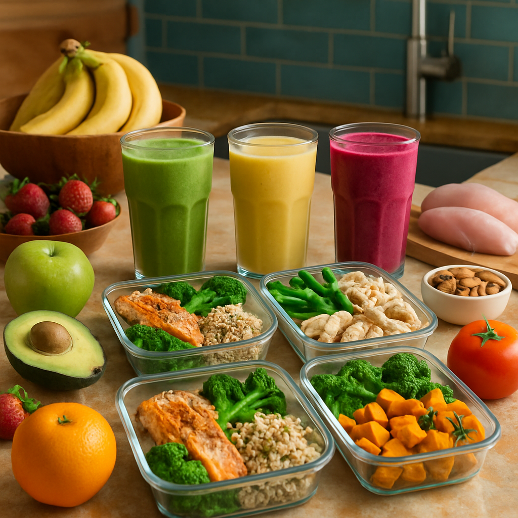 A vibrant kitchen scene showcasing colorful smoothies, meal prep containers filled with nutritious meals, and visible ingredients like fruits and proteins
