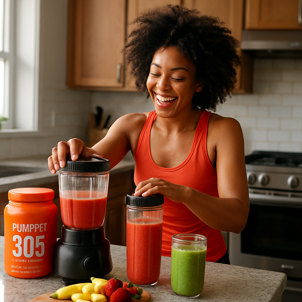 A vibrant woman in her kitchen preparing smoothies with PumpFit 305 protein powder visible on the counter