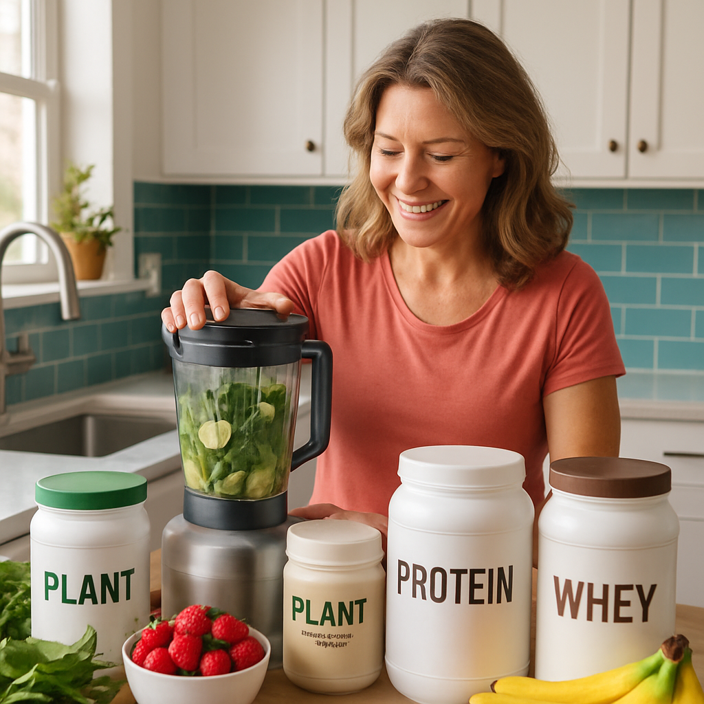 A vibrant kitchen scene with an array of clean protein powder containers including plant-based options and whey powder. A woman over 40 is preparing a healthy smoothie with fresh fruits and greens.