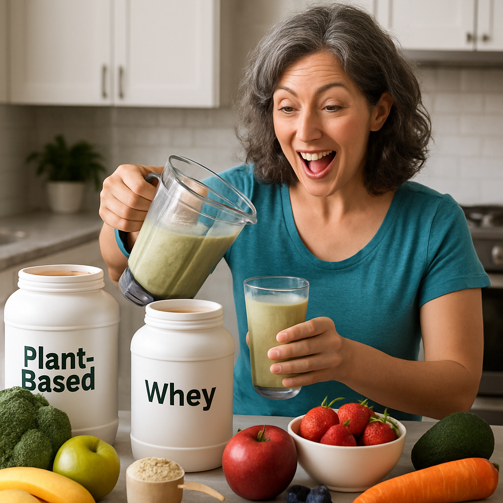 A dynamic kitchen scene showing various clean protein powder options including plant-based and whey proteins on a countertop with fresh fruits and vegetables around. A woman over 40 is excitedly preparing a smoothie.