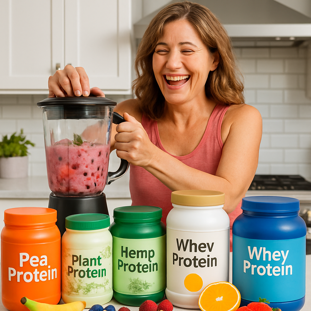 A colorful display of various clean protein powders featuring plant-based options alongside whey proteins on a kitchen counter. A woman over 40 is joyfully blending a smoothie filled with fresh fruits.