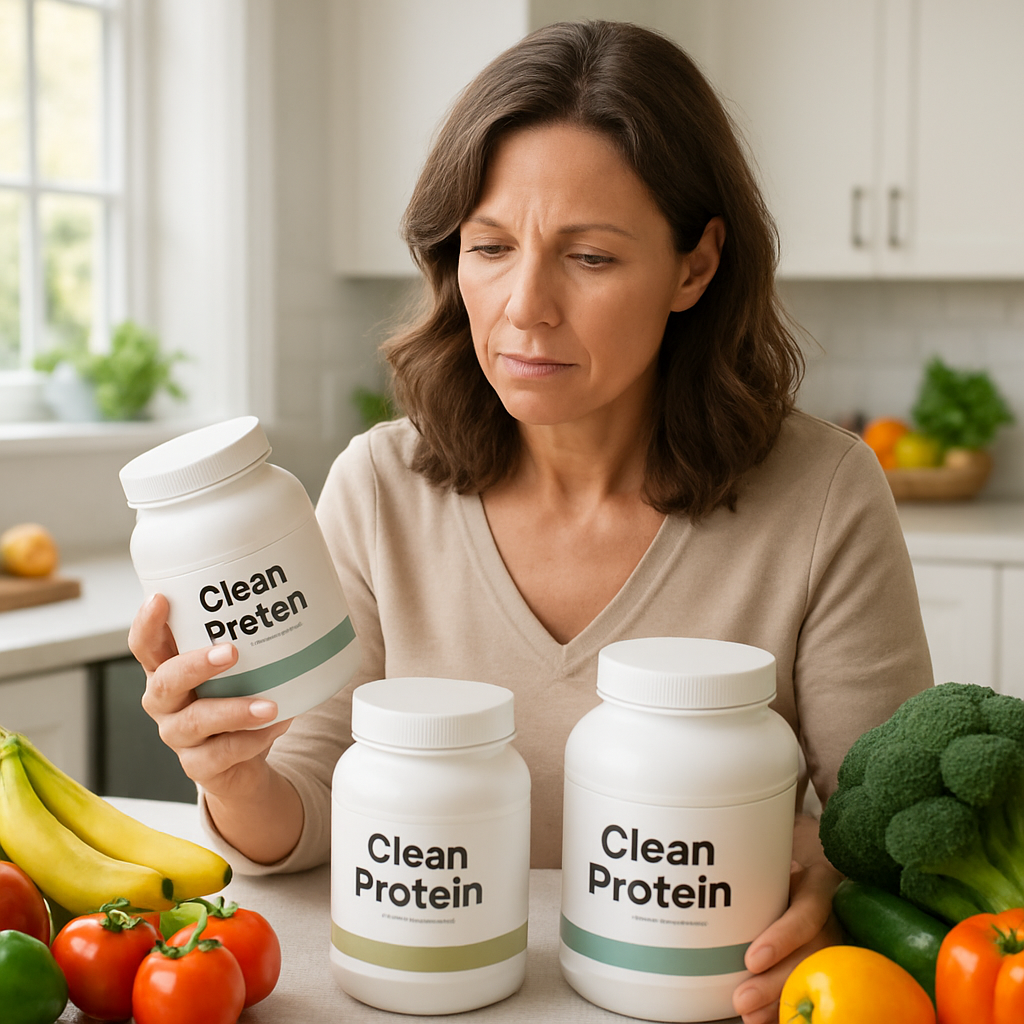 A woman over 40 examining various clean protein powder labels in a bright kitchen setting filled with fresh fruits and vegetables.