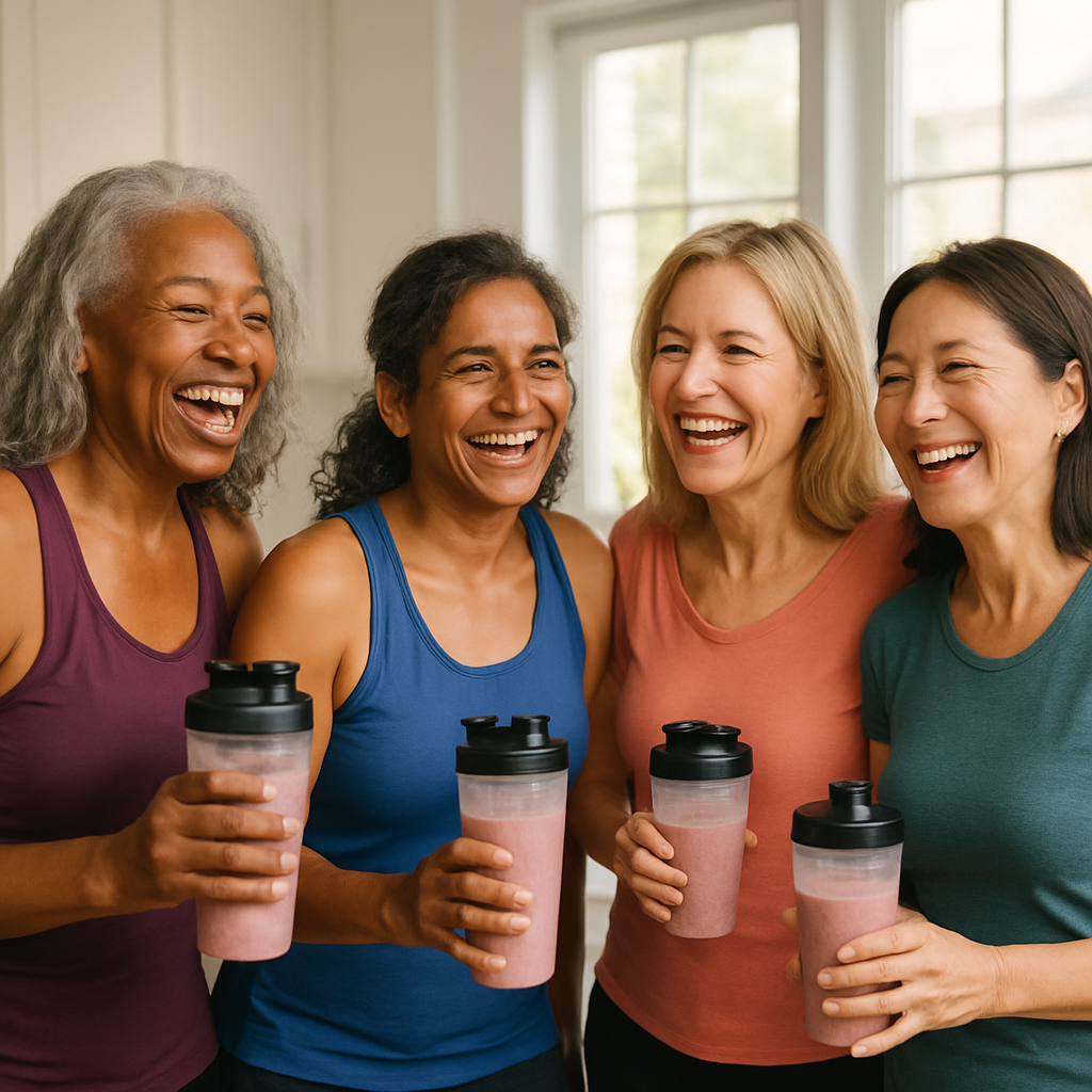 A group of diverse women over 40 enjoying smoothies made with PumpFit 305 in a bright kitchen setting. They are laughing and sharing their fitness journeys.