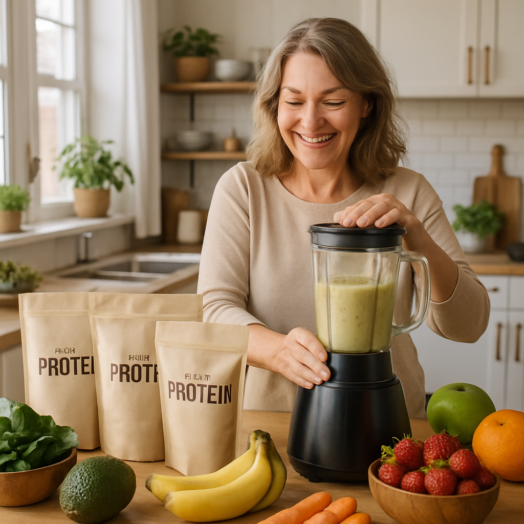 A cozy kitchen scene featuring various clean protein powders alongside fresh fruits and vegetables. A woman over 40 is joyfully blending smoothie ingredients.