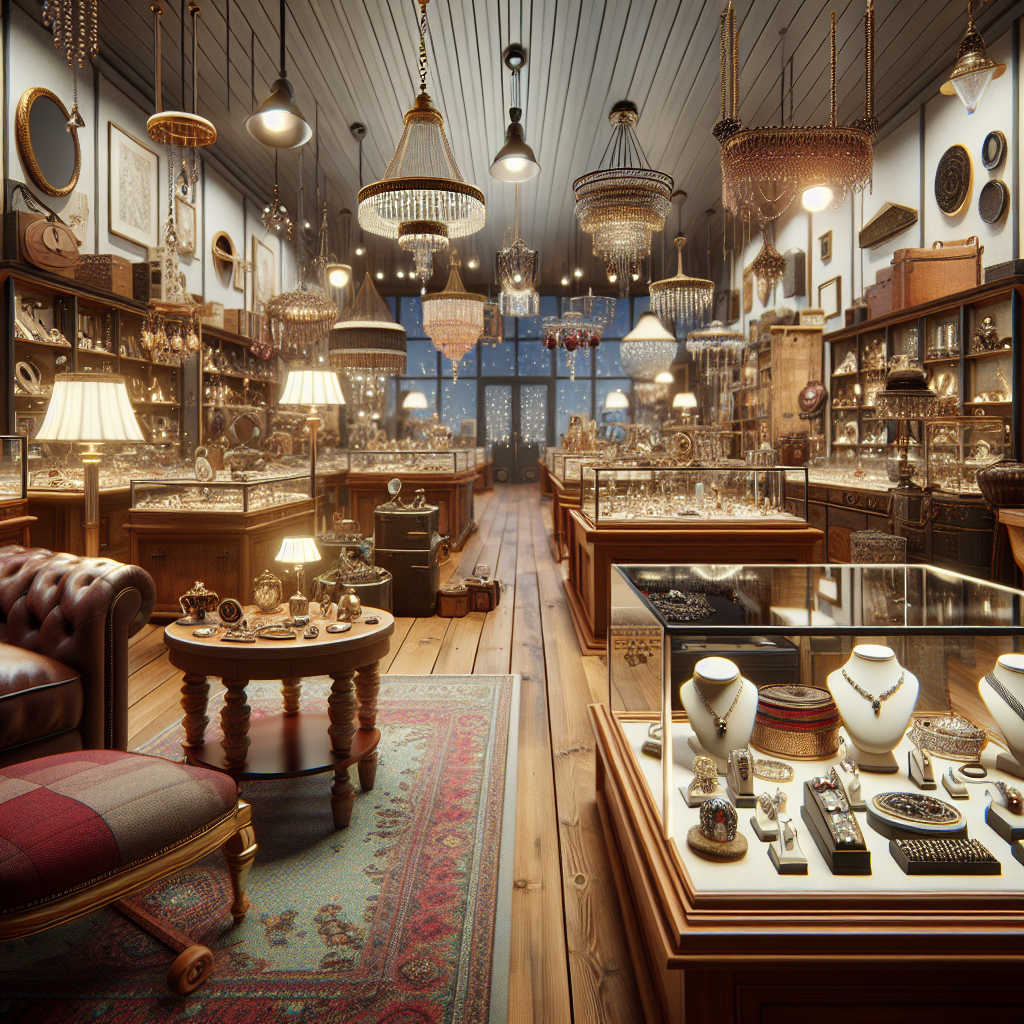 A lively comparison between a pawn shop and a retail jewelry store showcasing unique vintage pieces and elegant new designs