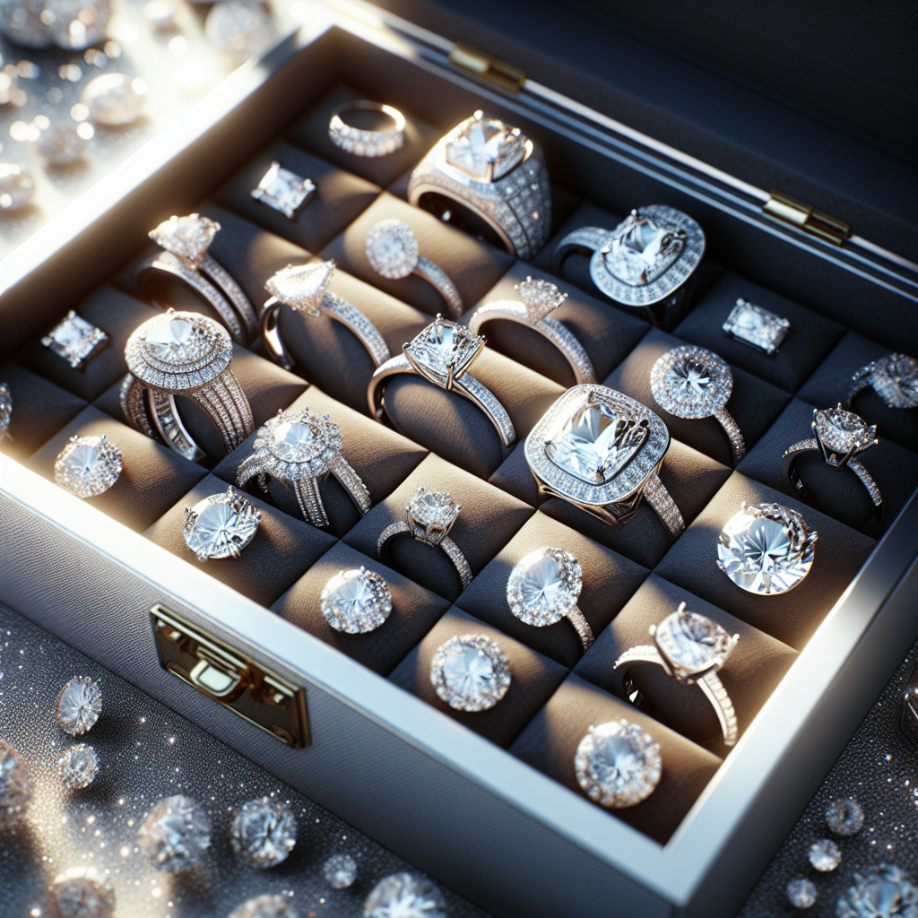 A beautifully organized jewelry box with sparkling diamonds and moissanite rings inside