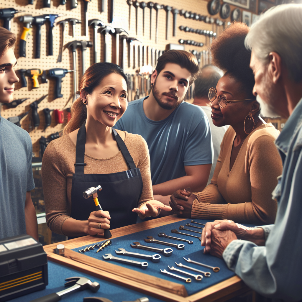 A knowledgeable pawn shop employee inspecting various hand and power tools while engaging with customers