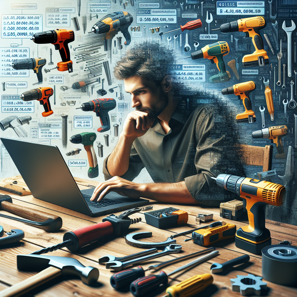 A person researching tool values online with a laptop surrounded by various hand and power tools