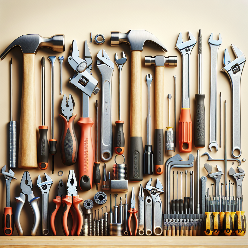 A clean set of various hand tools arranged neatly on a workbench with bright lighting