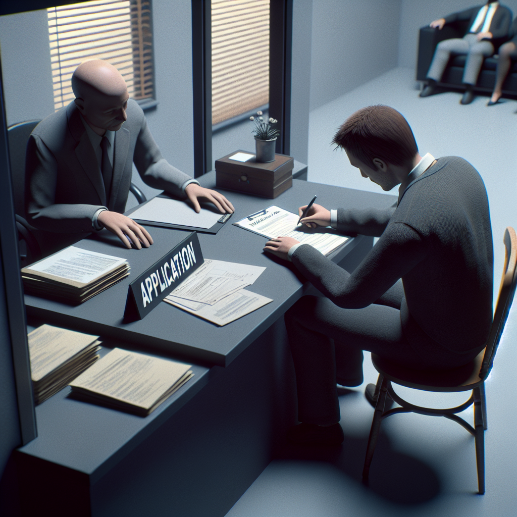 A person filling out an application form for a payday loan at a small lending office