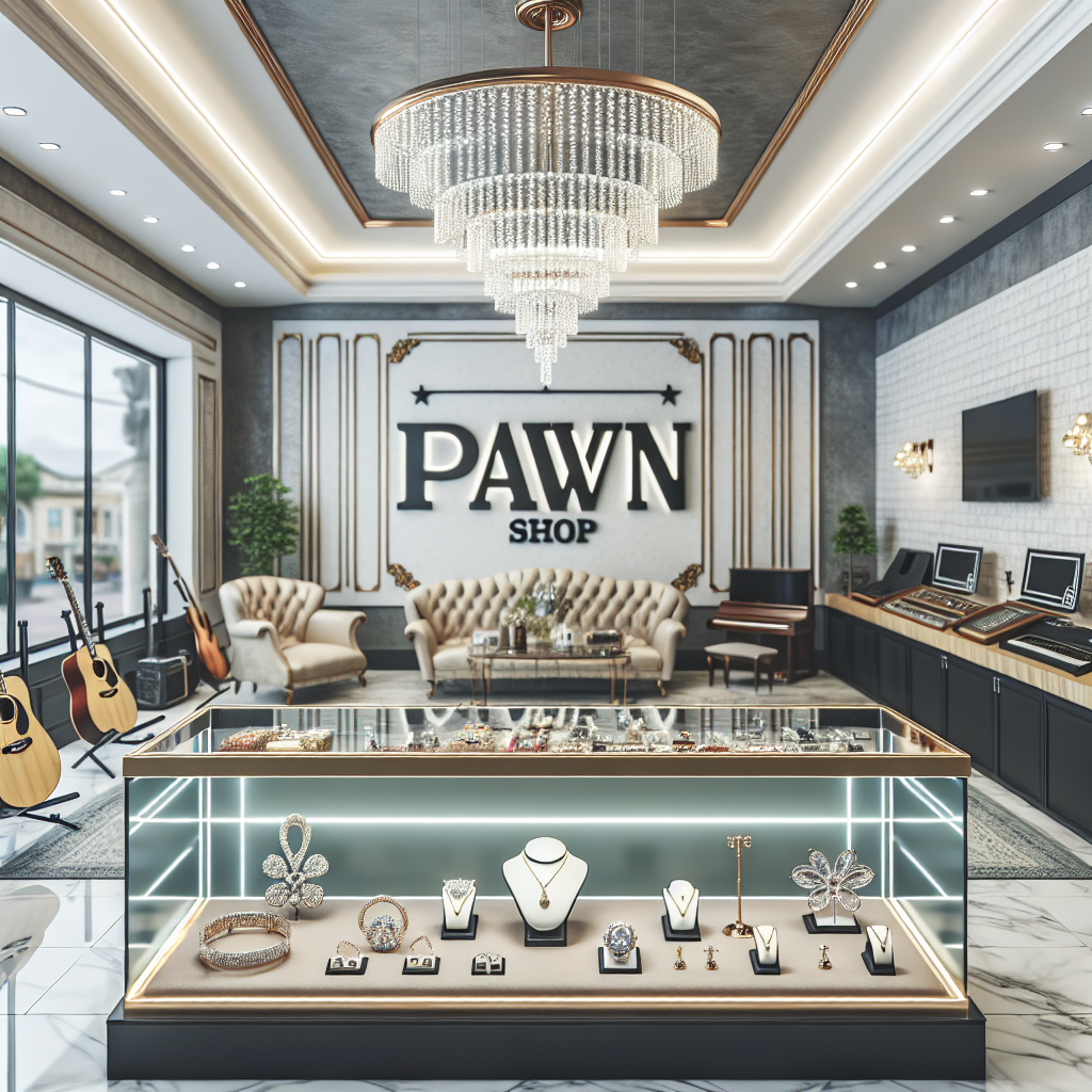 A bright and inviting interior of a modern pawn shop showcasing various items like jewelry, electronics, and musical instruments