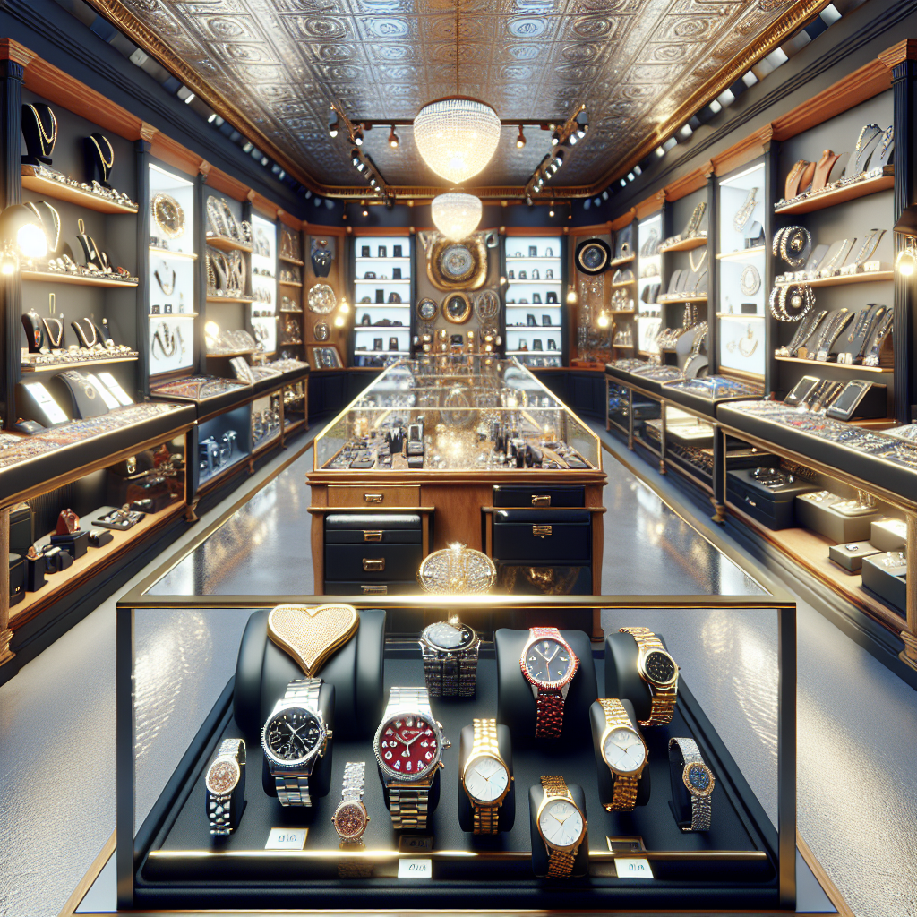 A vibrant display inside King Cash Pawn Shop showcasing high-value items like luxury watches, jewelry, and electronics