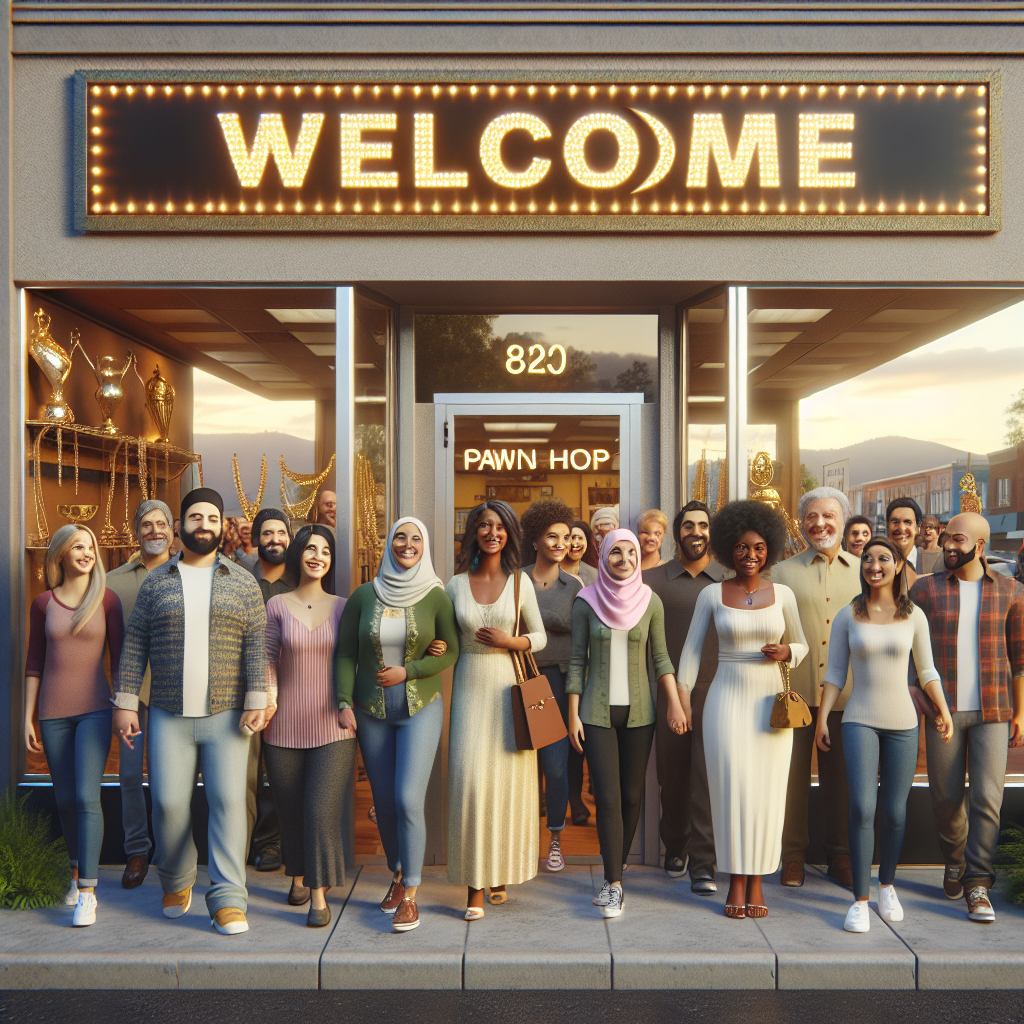 A welcoming exterior of King Cash Pawn Shop with happy customers entering, showcasing its community-oriented vibe