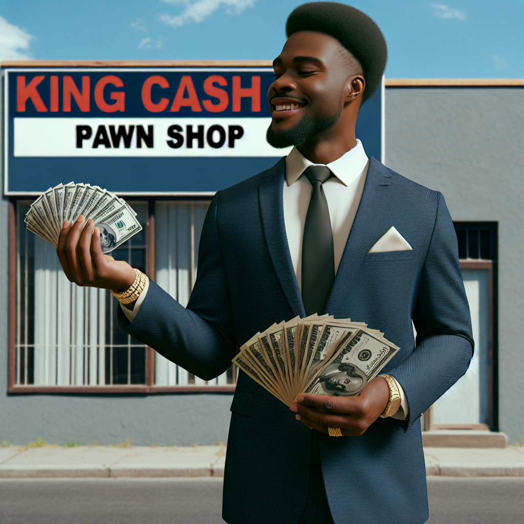 A cheerful customer leaving King Cash Pawn Shop with cash in hand after a successful transaction