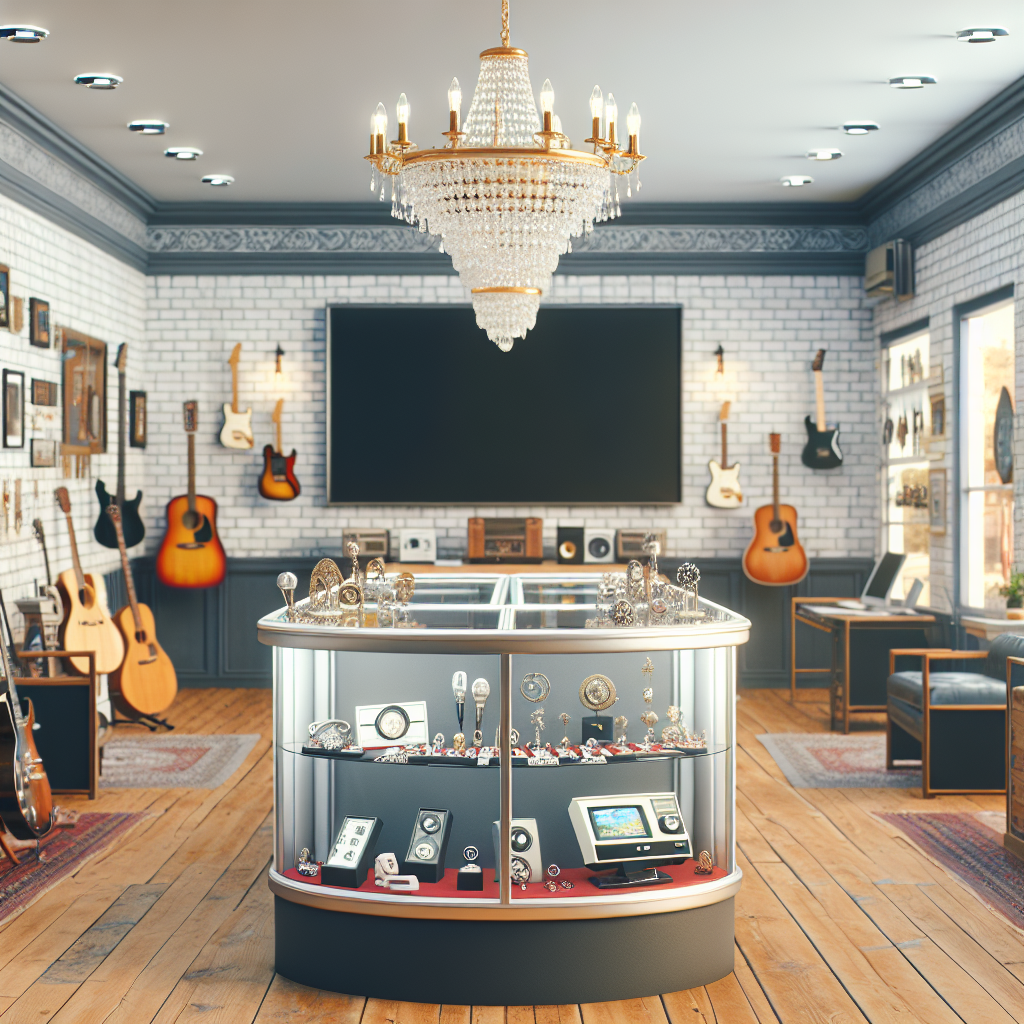 A bright and inviting interior of a local pawn shop filled with various valuable items like jewelry, electronics, and musical instruments.