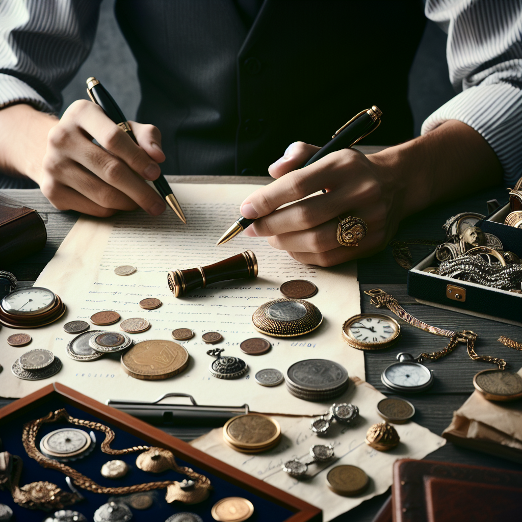 A person preparing valuable items for sale at a local pawn shop with documents spread out on a table.