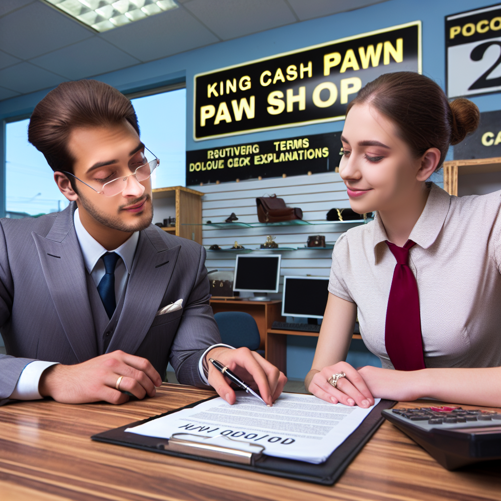 A customer discussing terms with a friendly pawnbroker at King Cash Pawn Shop while reviewing documents.