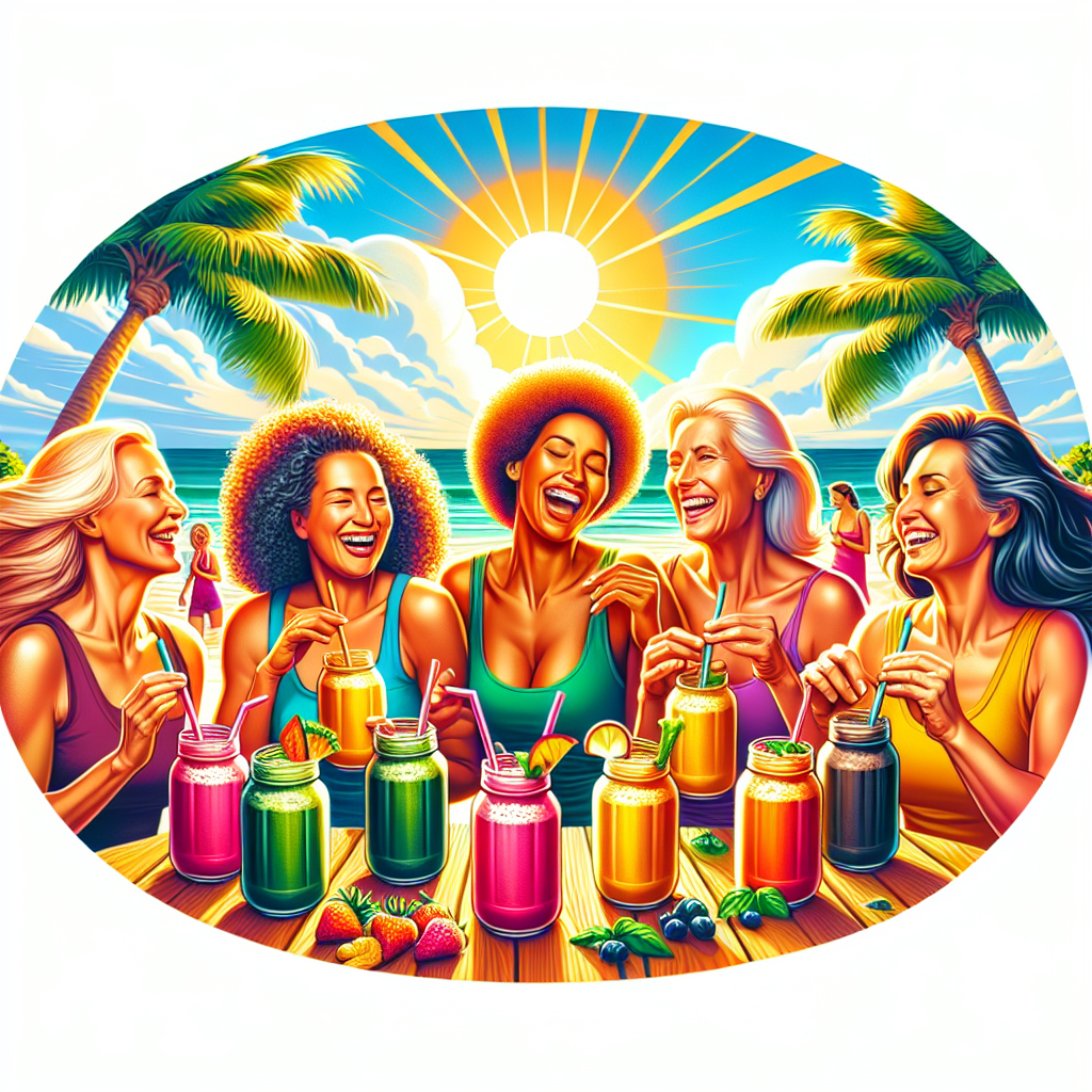 A vibrant beach scene in South Florida with women over 40 enjoying smoothies made from protein powder