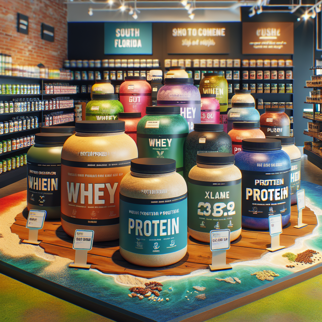 A vibrant display of different types of protein powders including whey, plant-based, and casein at a health store in South Florida