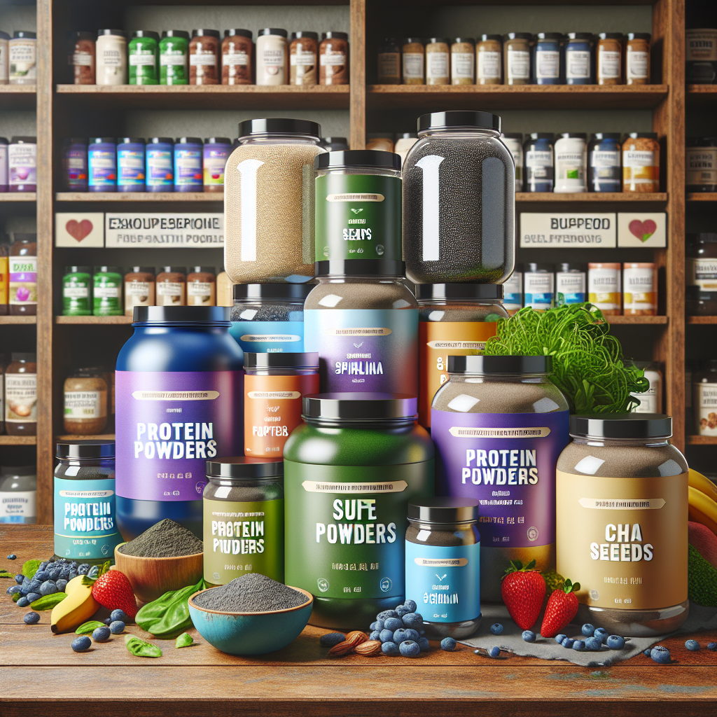 A vibrant display of various protein powders featuring superfoods like spirulina and chia seeds at a health store in South Florida