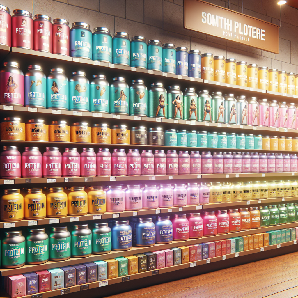 A colorful display of various top-rated women's protein powders available at a health store in South Florida