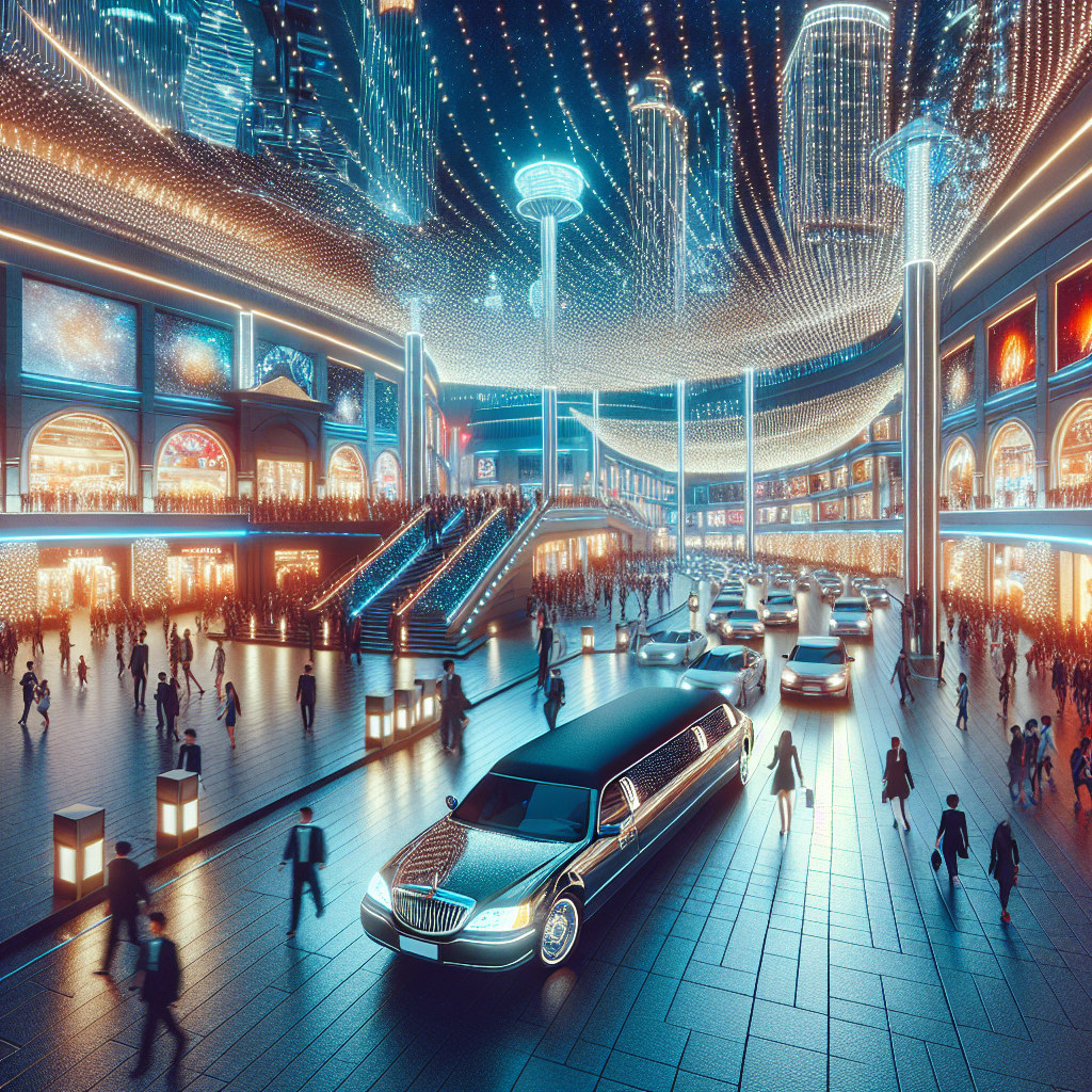 A stylish limousine cruising through Times Square at night with bright lights and bustling crowds