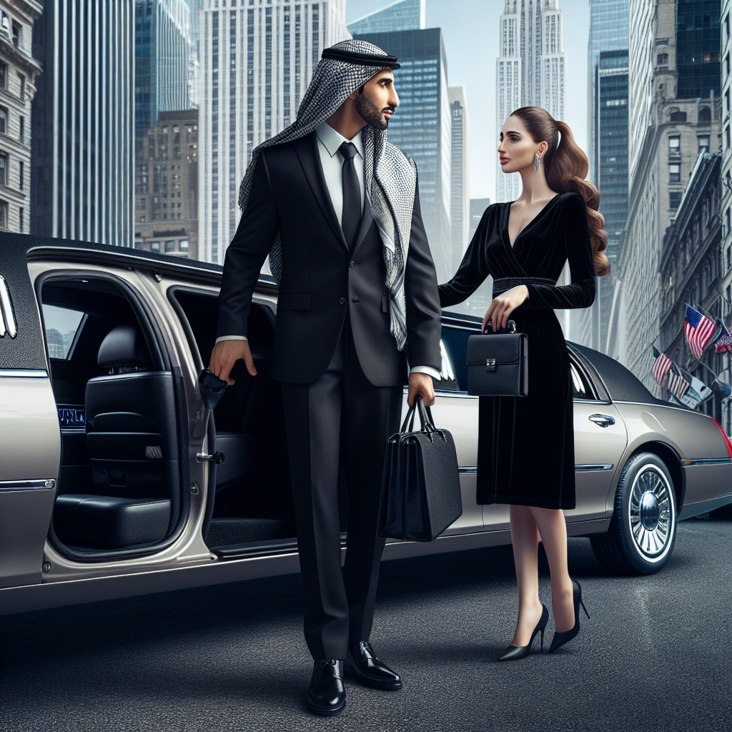 Professional NYC chauffeur opening the door of a luxury black limousine near Times Square