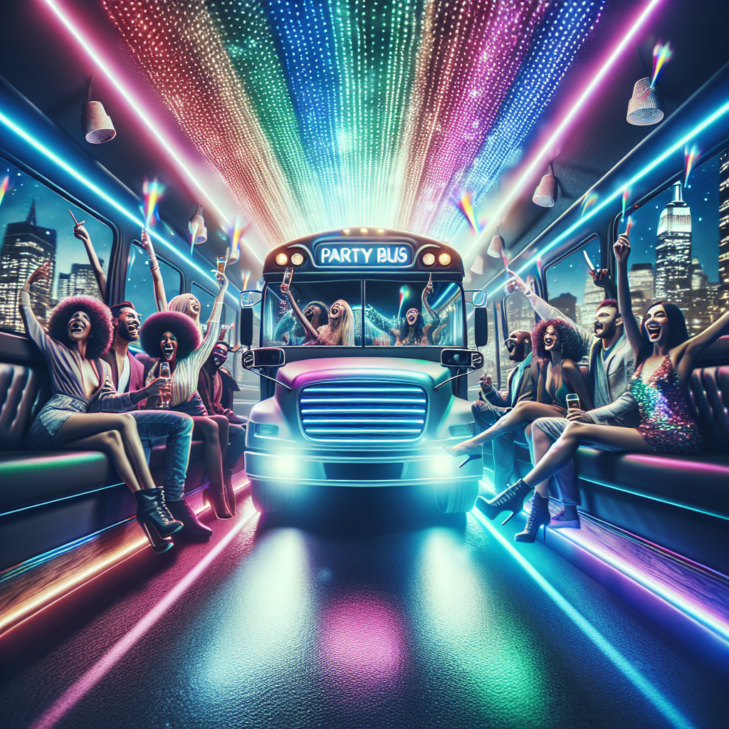 A group of friends enjoying themselves inside a luxurious party bus with colorful lights while driving through New York City at night
