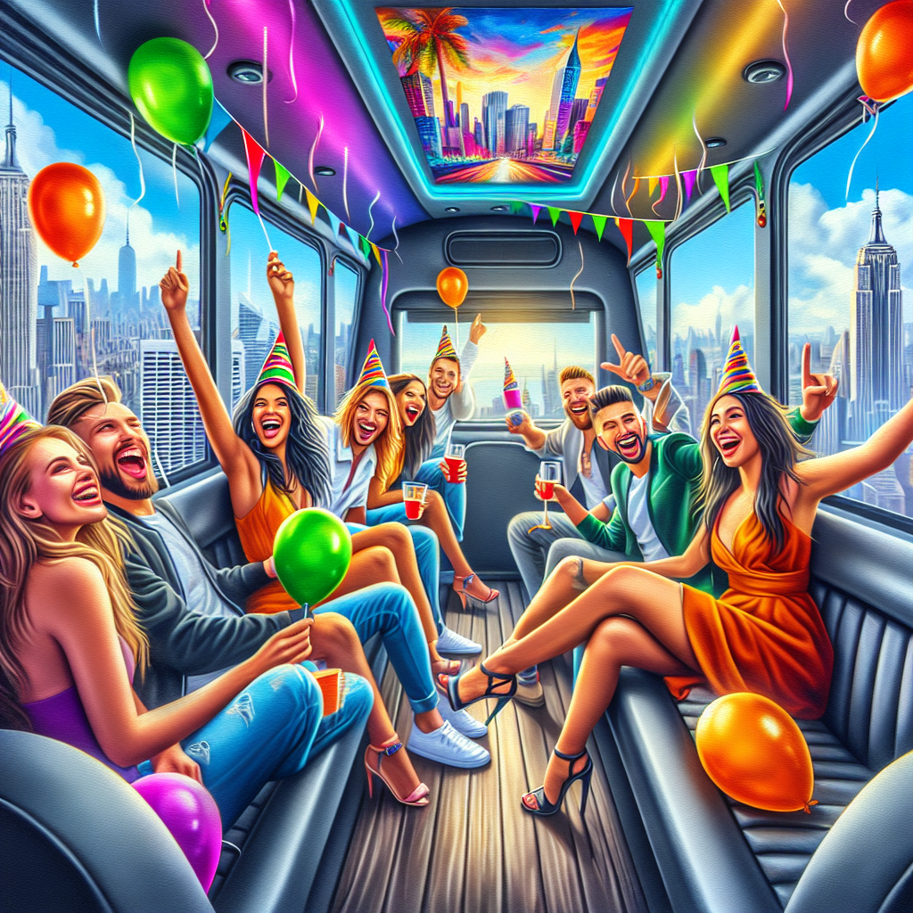 A vibrant birthday celebration inside a party bus with colorful decorations and excited friends enjoying themselves while driving through New York City
