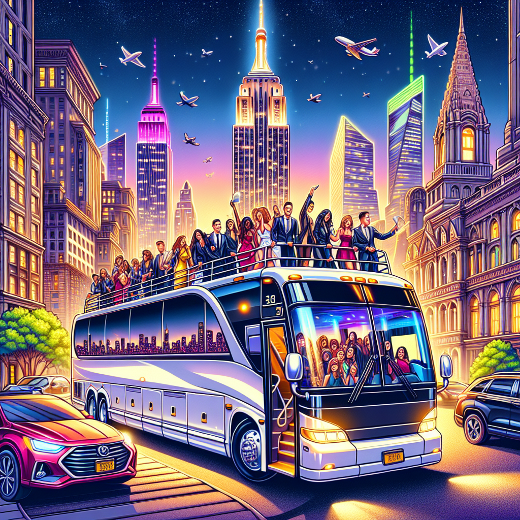 A stylish party bus parked in front of a famous New York City landmark with happy passengers boarding