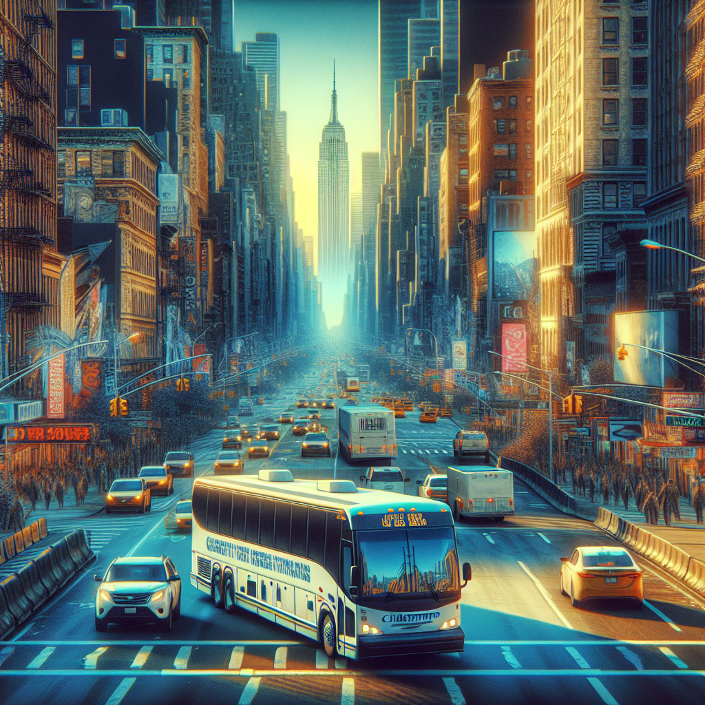 A vibrant scene depicting various charter buses in New York City with iconic landmarks in the background