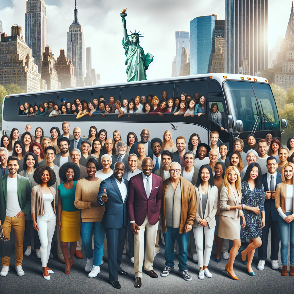 A cheerful group boarding a luxurious charter bus with iconic NYC landmarks in view