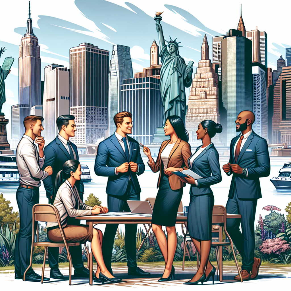 A diverse group discussing their charter bus options while surrounded by iconic New York City scenery