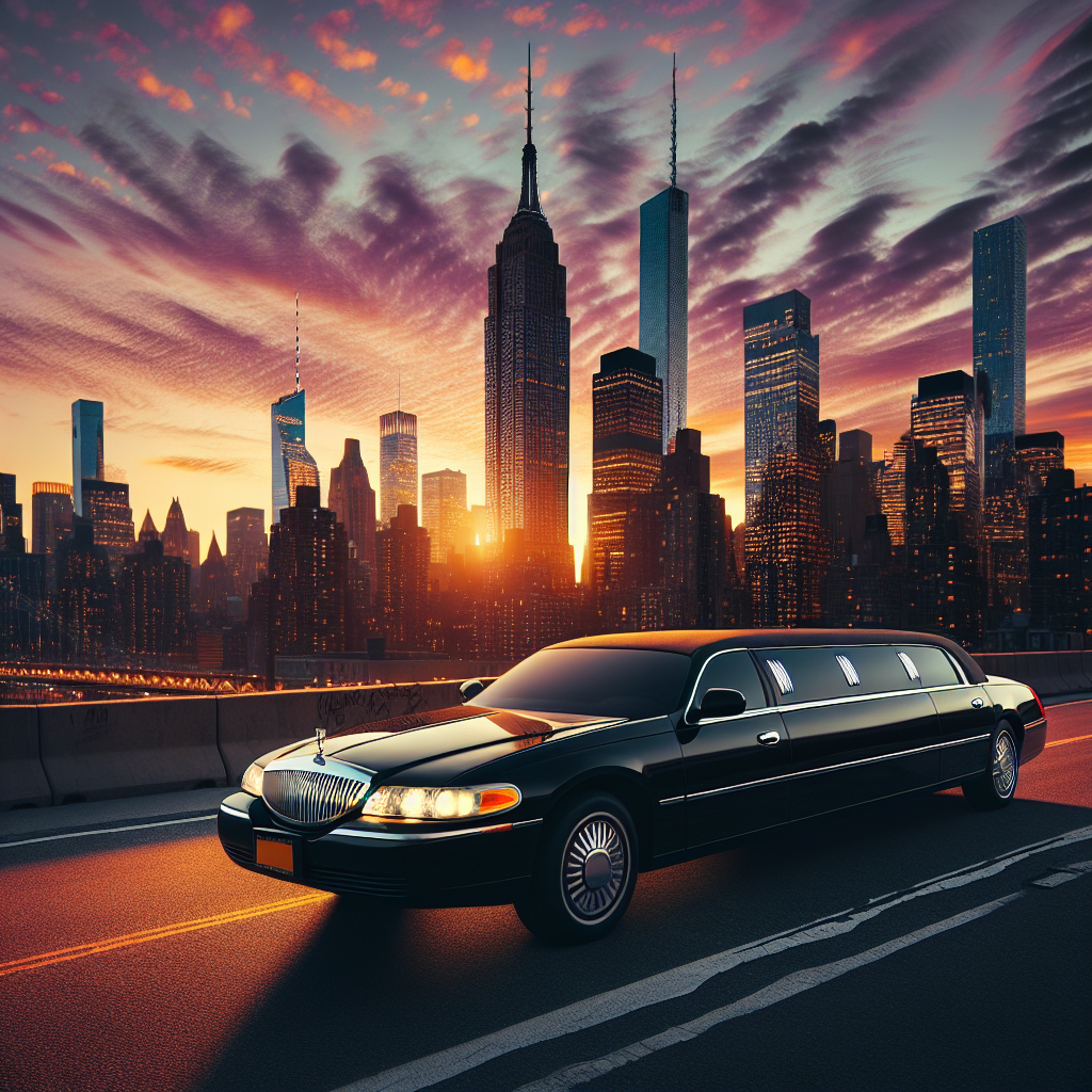 A luxurious black limousine parked against a backdrop of NYC skyline at sunset