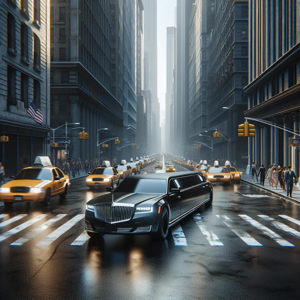 A luxurious black limousine navigating through busy NYC streets during rush hour
