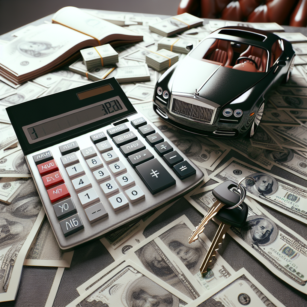 A calculator and luxury car keys on a table with dollar bills scattered around