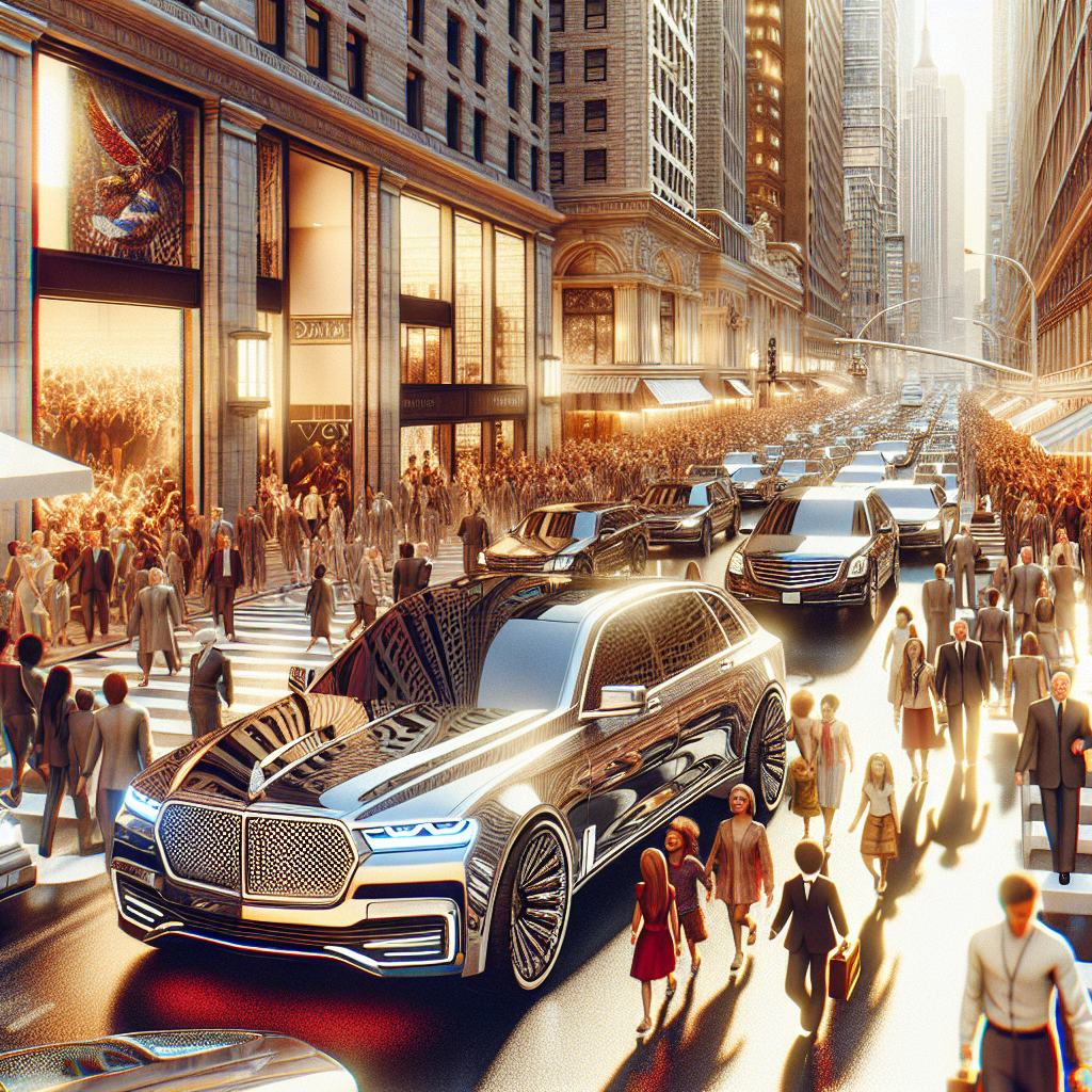 A busy NYC street filled with luxury cars during an event with people celebrating