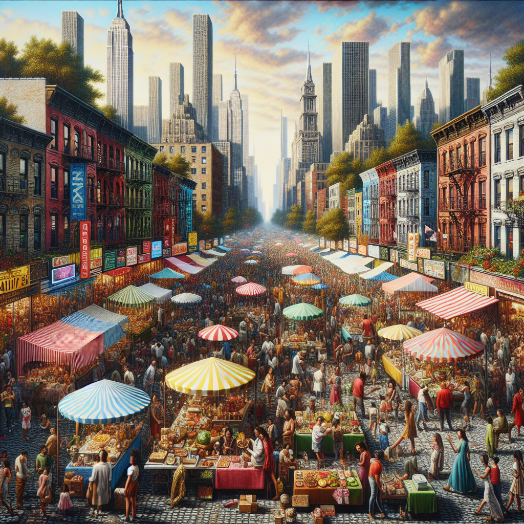 A vibrant street fair scene in New York City with colorful booths and happy people enjoying food and music