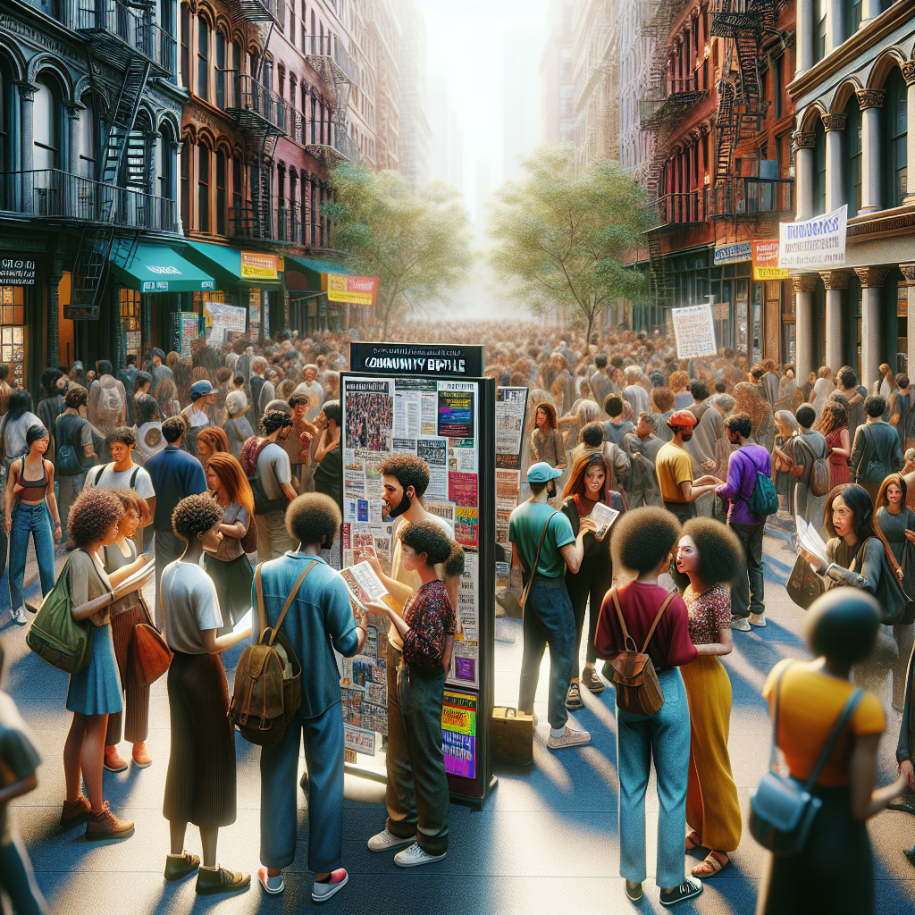 A bustling New York City street filled with people discussing an upcoming public event with flyers and community boards