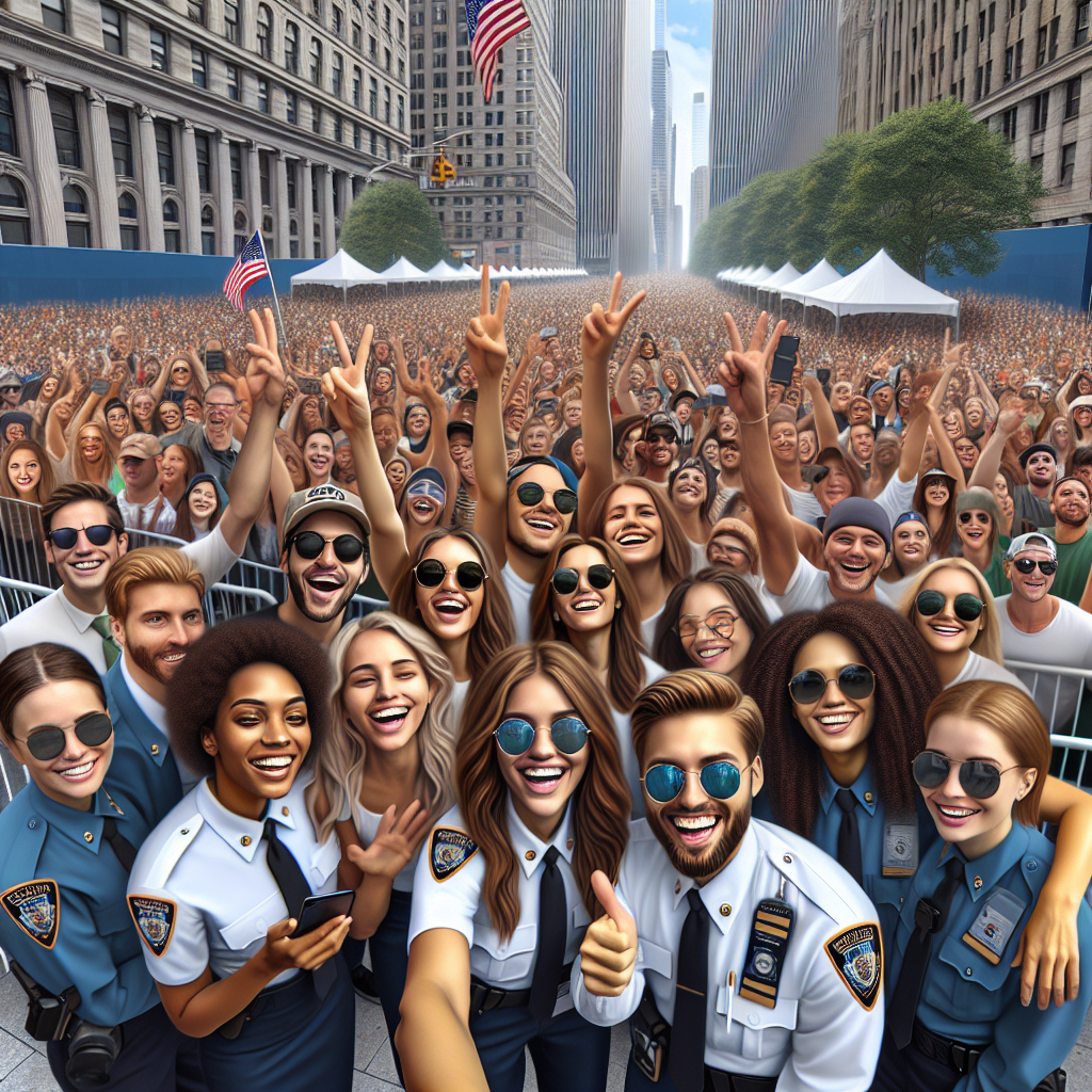 A successful outdoor event in New York City with happy attendees enjoying themselves while professional security monitors the area