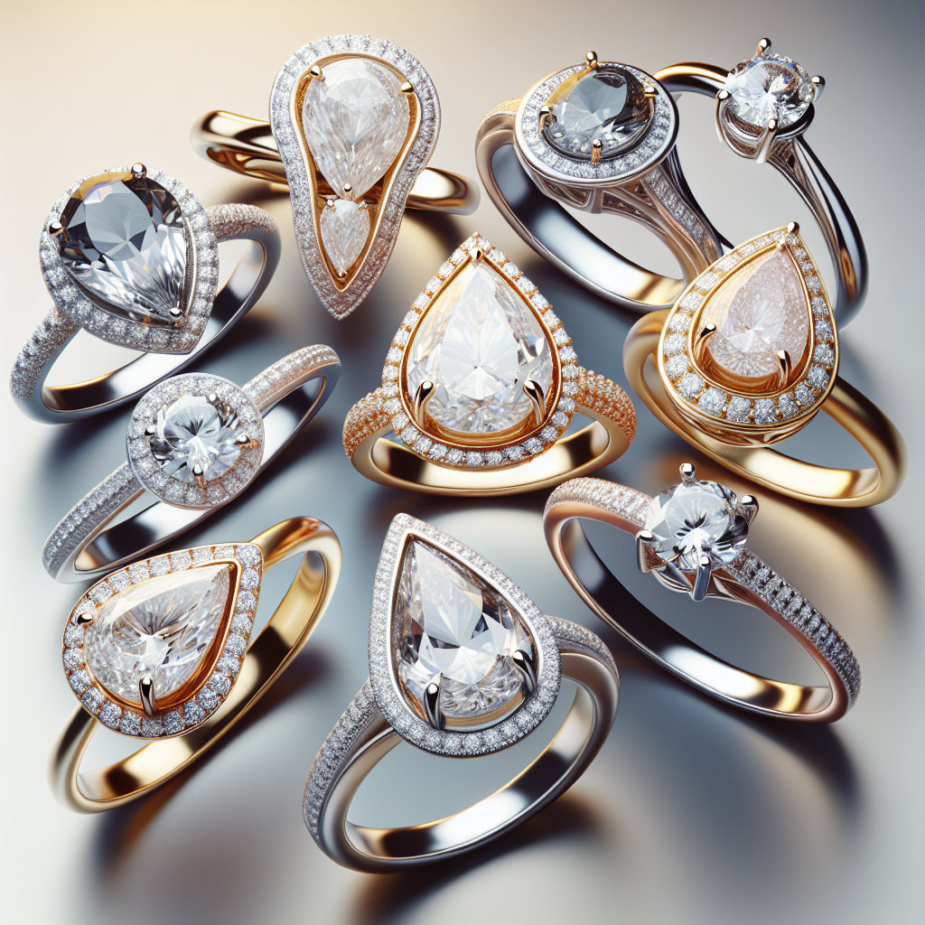 A stylish display featuring various designs of pear shaped diamond rings in different metals such as white gold, yellow gold, and rose gold