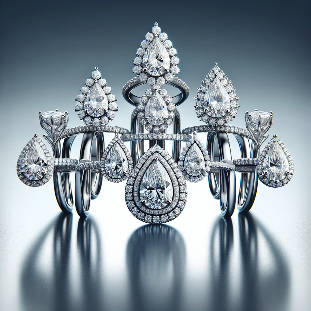A beautifully arranged display featuring various styles of pear shaped diamond rings including solitaires, halos, and three stone settings