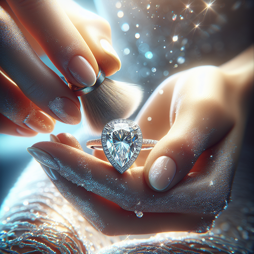 A close-up image showing hands gently cleaning a sparkling pear shaped diamond ring with a soft brush in natural light