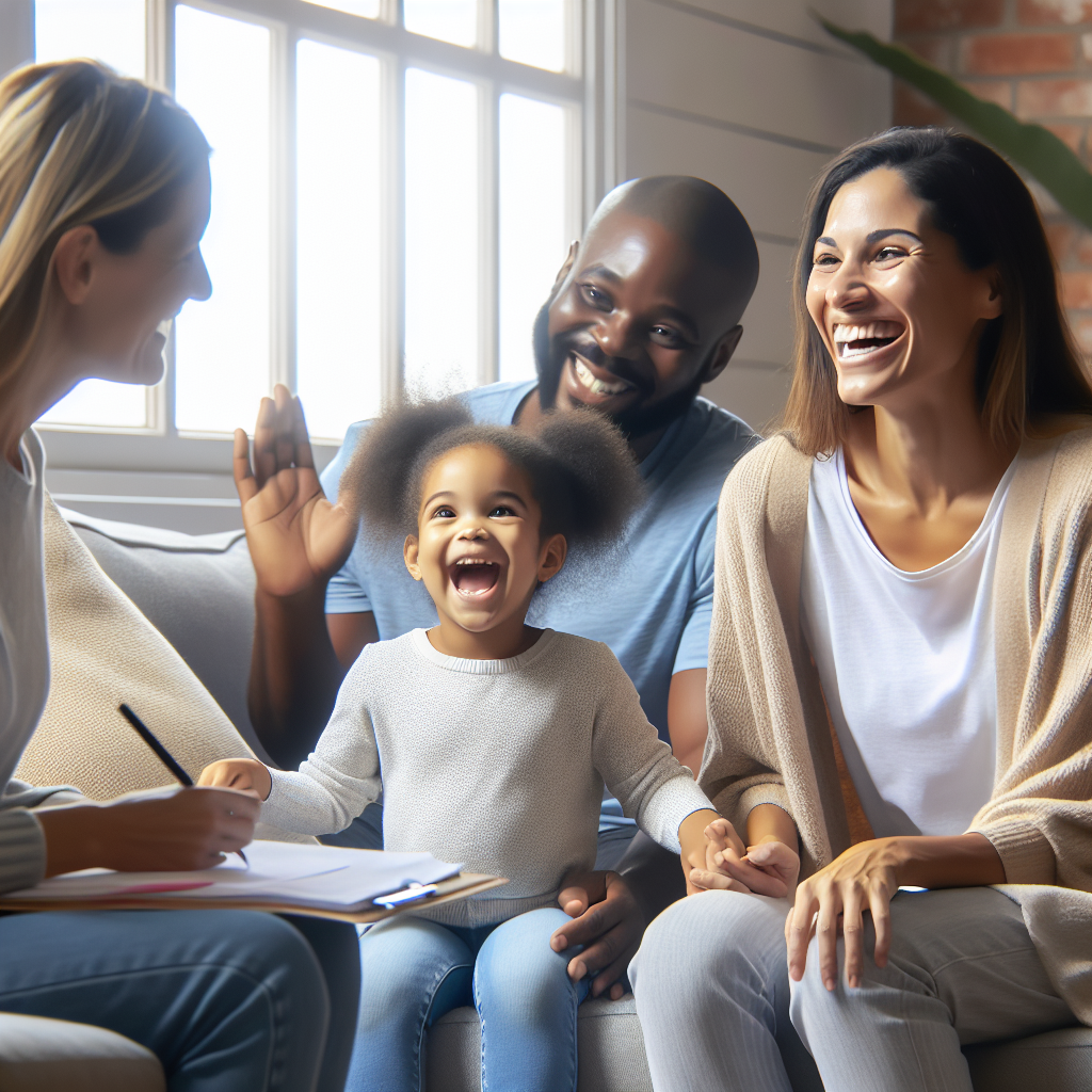 A joyful family engaging with a therapist during an ABA session at home, showcasing interactive learning and support