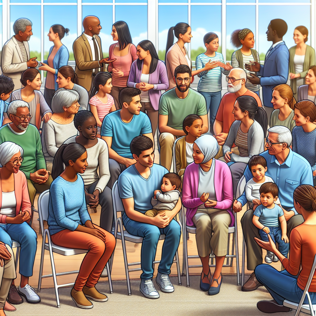 A vibrant community event showcasing families engaging with therapists and sharing experiences about ABA therapy