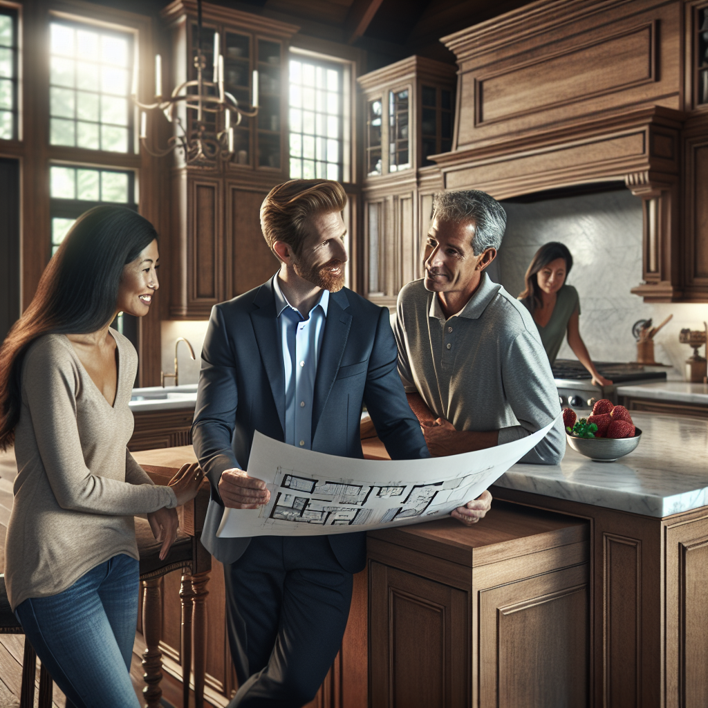 A friendly kitchen remodel contractor discussing plans with homeowners in an elegant kitchen setting