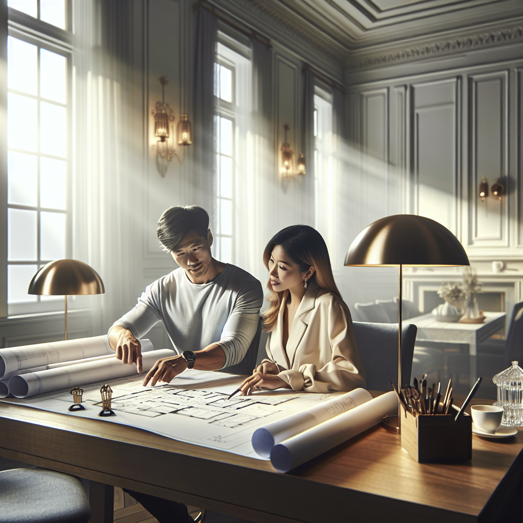 A contractor interviewing homeowners about their kitchen remodel plans in an elegant setting