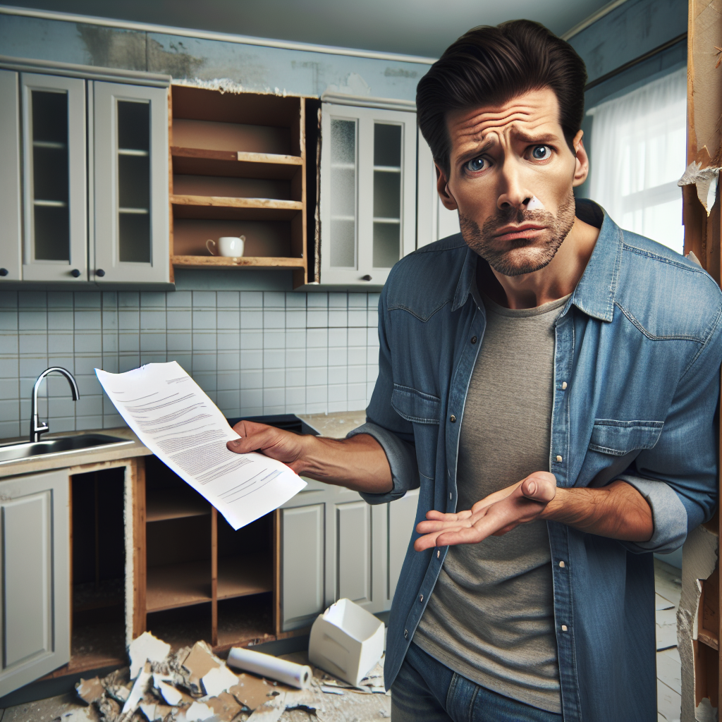 A frustrated homeowner looking at poor-quality kitchen renovations while holding a low-cost contractor's quote