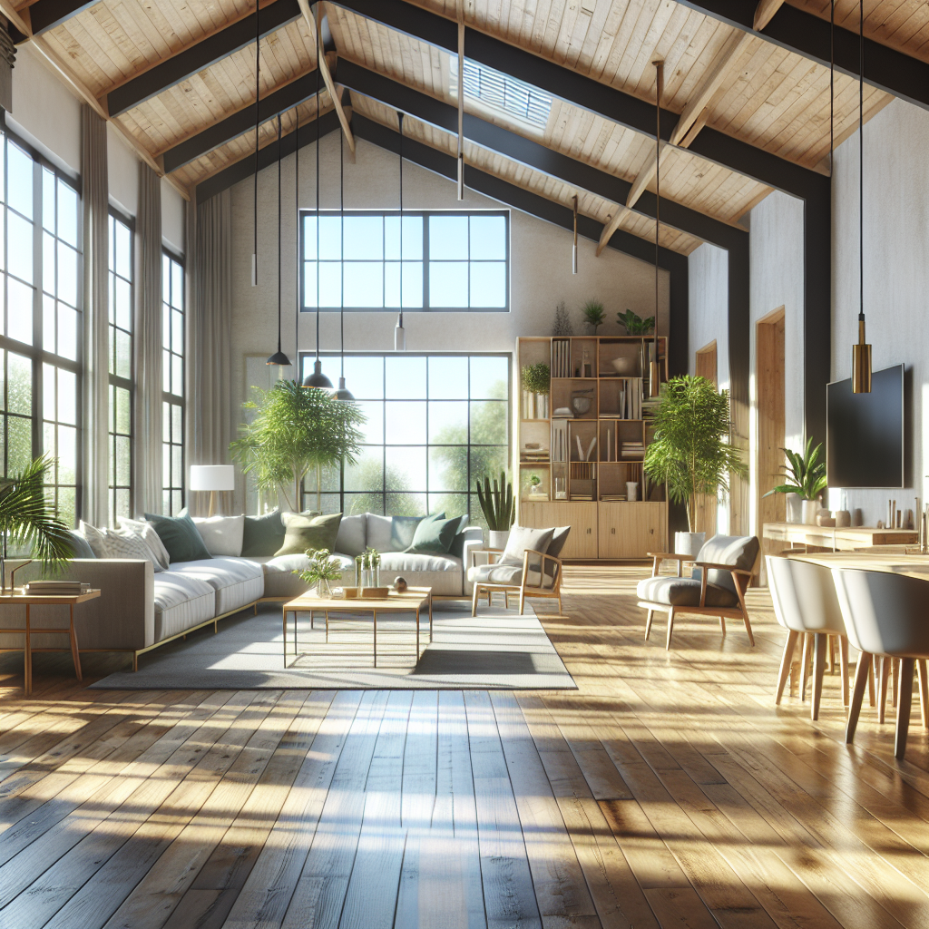 A bright open floor plan living area with large windows allowing natural light, featuring sustainable materials like reclaimed wood